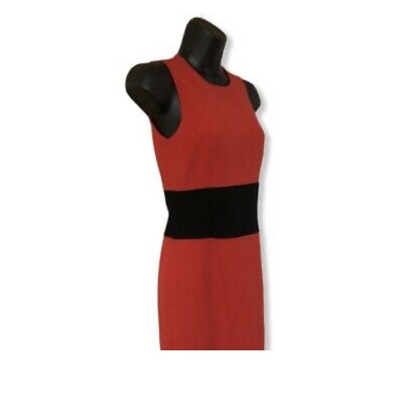Michael Kors Red Virgin Wool Pencil Dress Black Waist Band Detail Back Slit - Picture 6 of 8